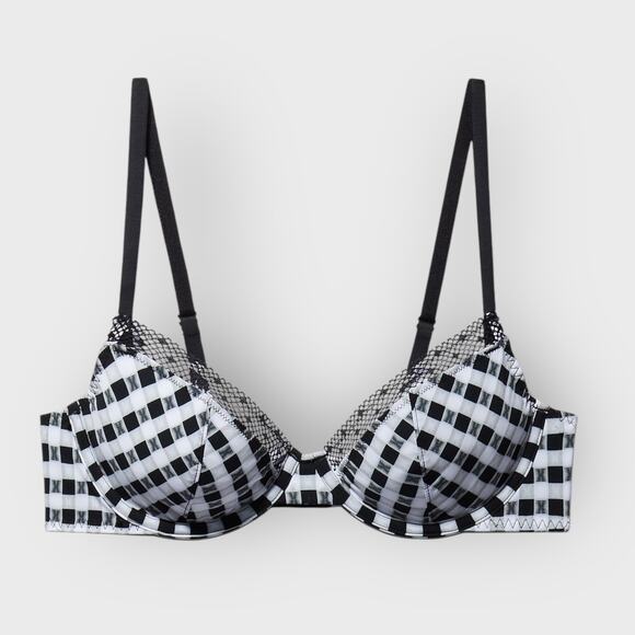 Savage X Fenty Gingham Remix Unlined Plunge Bra | 32B Black White Sexy Lingerie - Picture 2 of 8